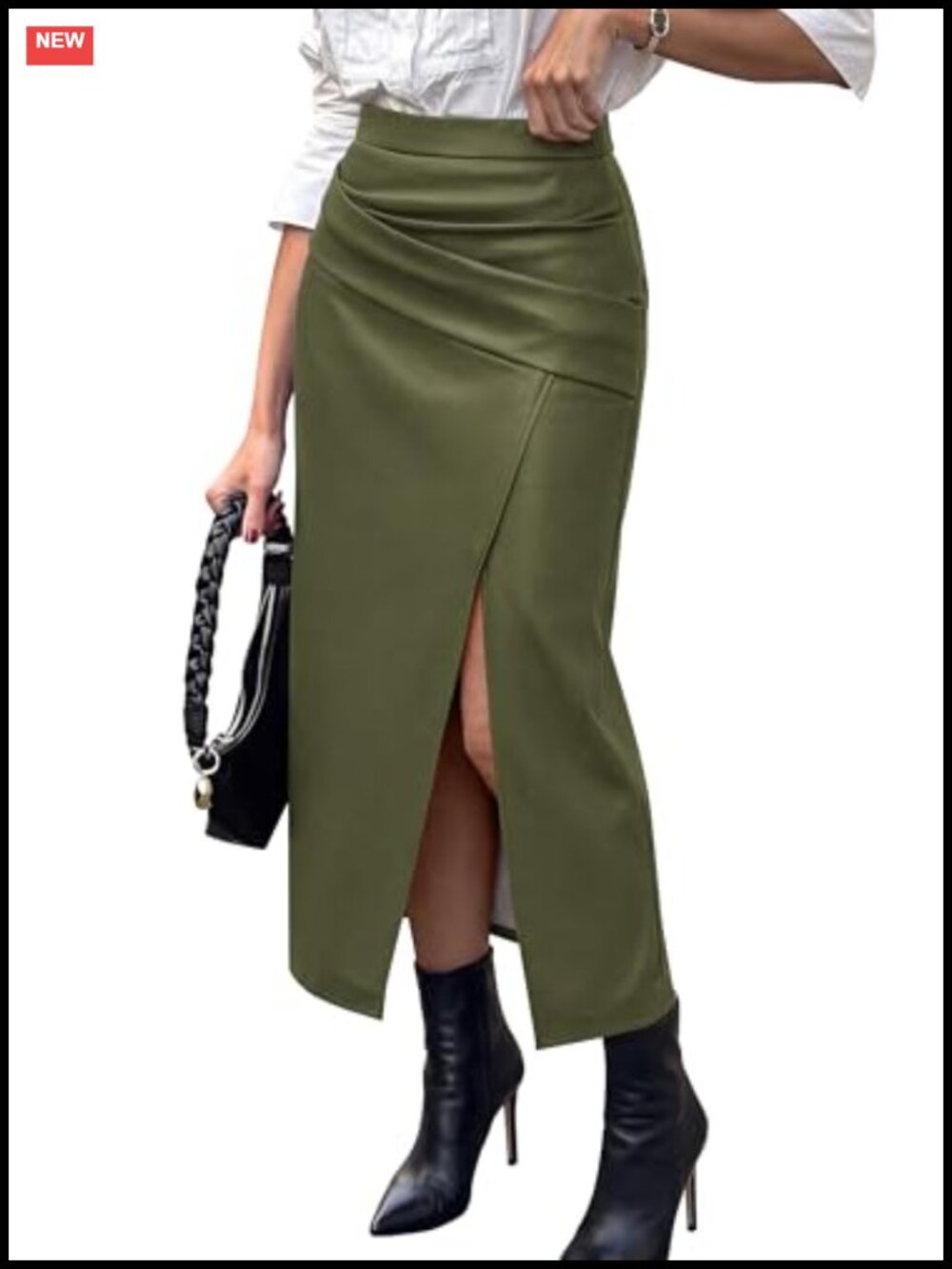Faux Leather Midi Pencil Skirt Asymmetrical Wrap Slit